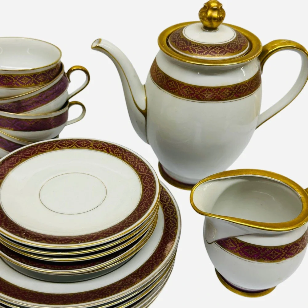 PMR Bavaria Germany Tea Set Purple Gold Gilt Teapot Creamer Cups Vintage Good